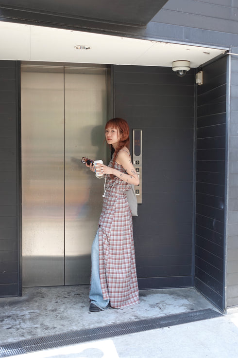 チェックスリットボタンスカート